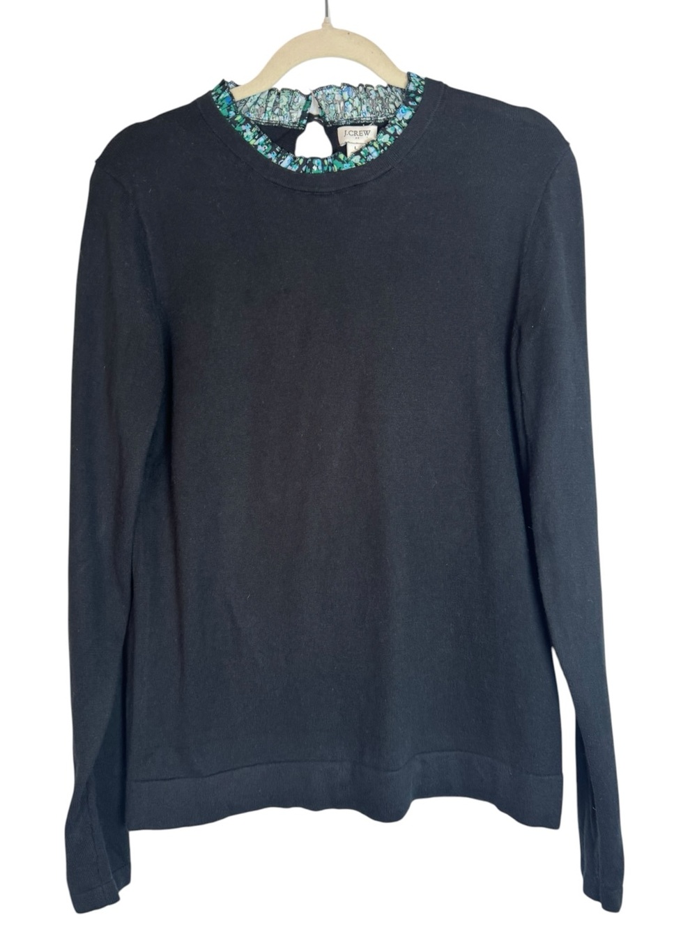 J. Crew Black 100% Cotton Crewneck Large Sweater with Teal Floral Ruffle Trim
